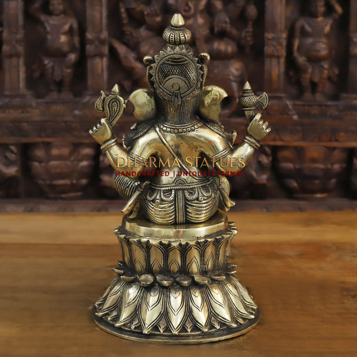 Brass Lakshmi, Ganesh, Saraswati Idol on Lotus Pedestal, Antique Golden Finish 15"