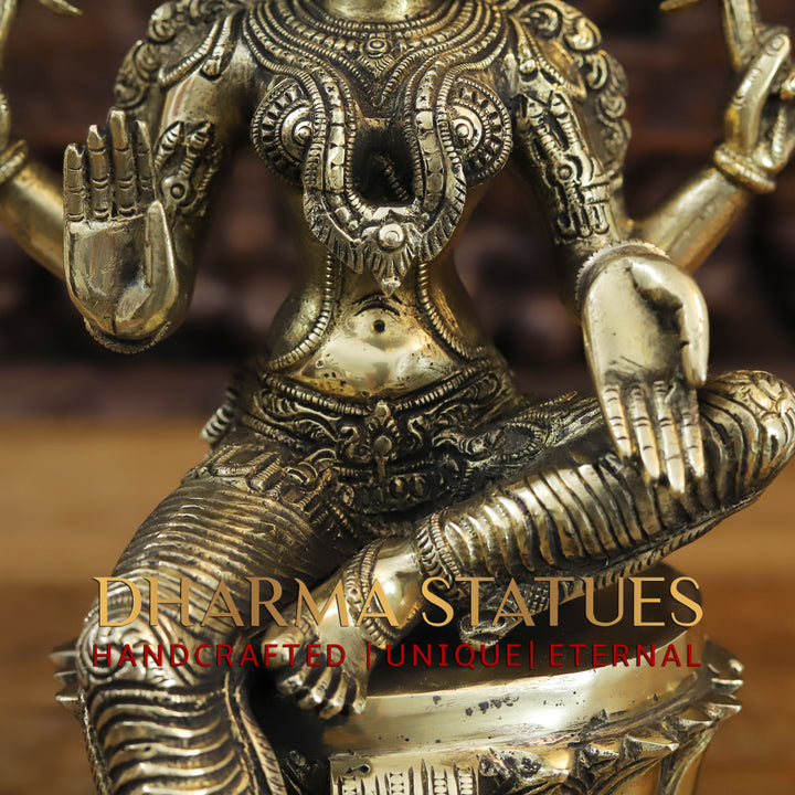 Brass Goddess Lakshmi Idol, Seated on a Lotus, Golden Fine Finish 15"