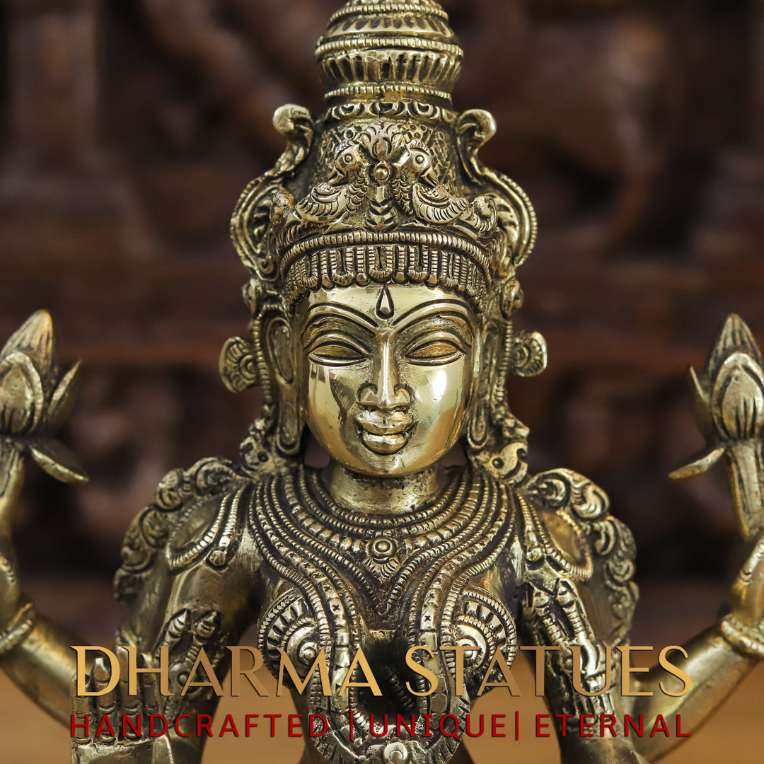 Brass Goddess Lakshmi Idol, Seated on a Lotus, Golden Fine Finish 15"