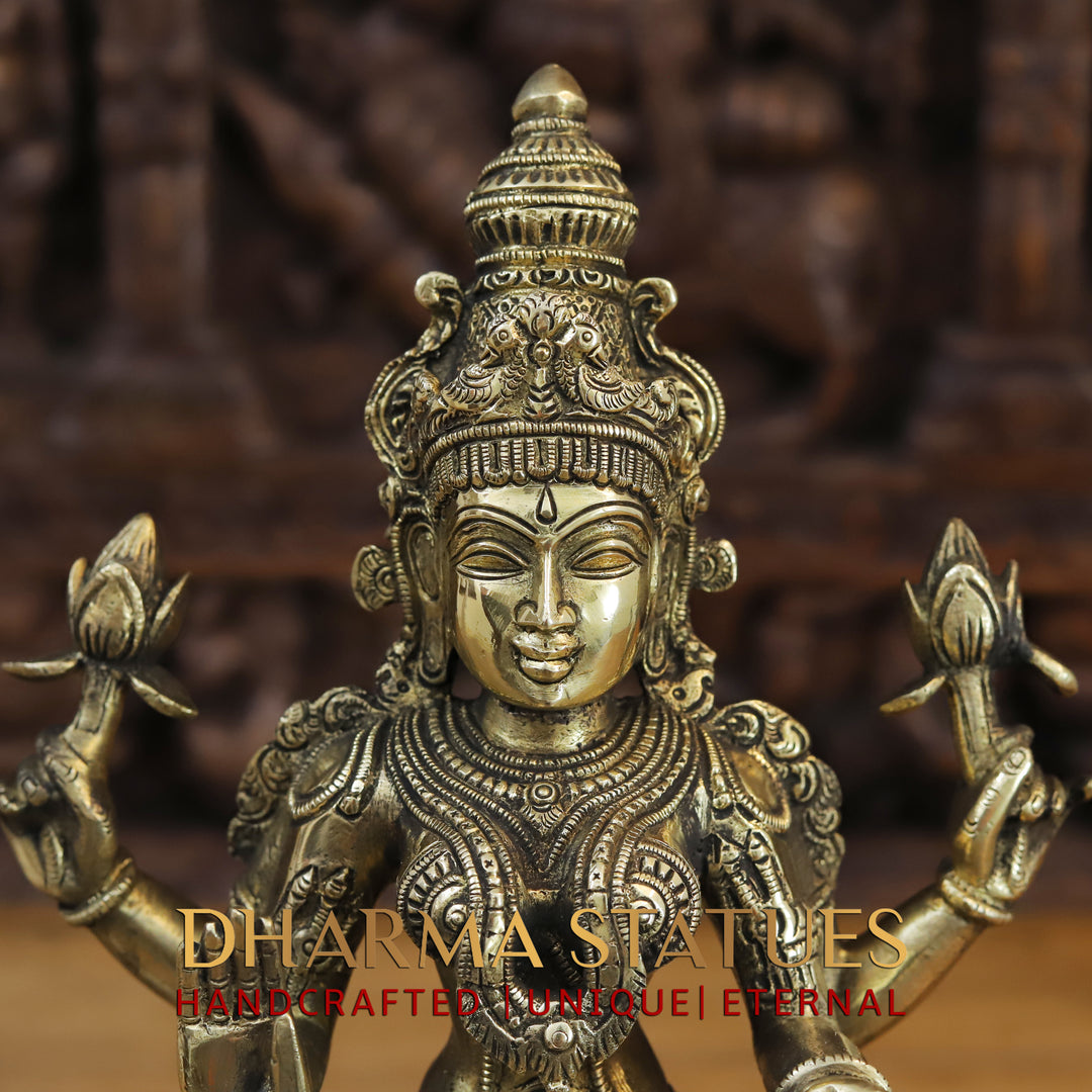 Brass Lakshmi, Ganesh, Saraswati Idol on Lotus Pedestal, Antique Golden Finish 15"