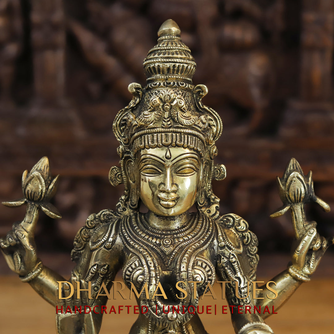 Brass Goddess Lakshmi Idol, Seated on a Lotus, Golden Fine Finish 15"