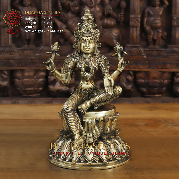 Brass Goddess Lakshmi Idol, Seated on a Lotus, Golden Fine Finish 15"