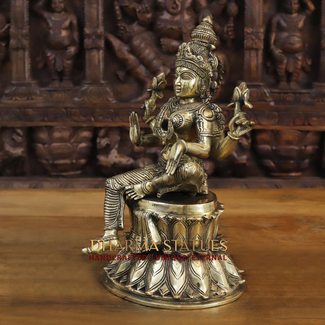 Brass Goddess Lakshmi Idol, Seated on a Lotus, Golden Fine Finish 15"