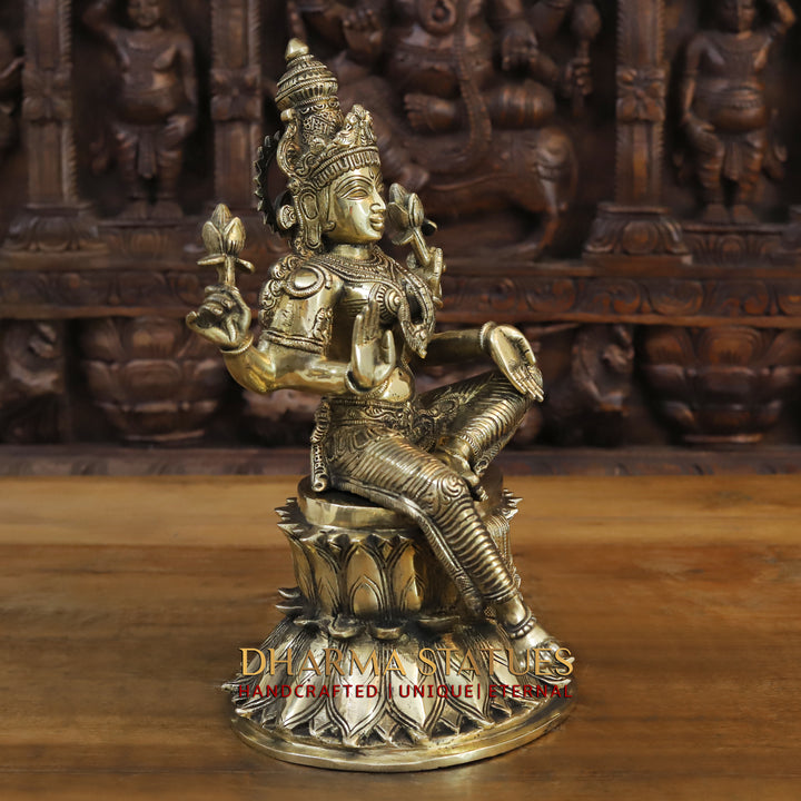 Brass Goddess Lakshmi Idol, Seated on a Lotus, Golden Fine Finish 15"