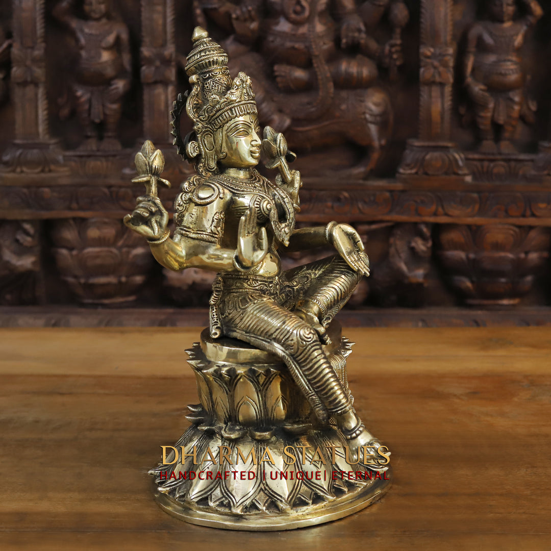 Brass Lakshmi, Ganesh, Saraswati Idol on Lotus Pedestal, Antique Golden Finish 15"