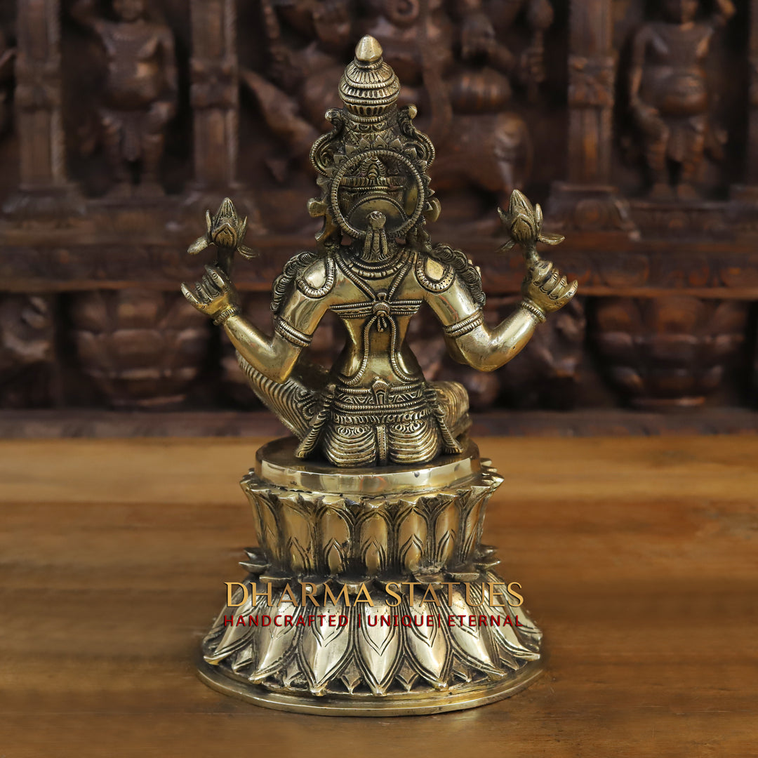 Brass Goddess Lakshmi Idol, Seated on a Lotus, Golden Fine Finish 15"