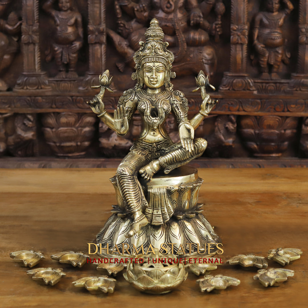 Brass Goddess Lakshmi Idol, Seated on a Lotus, Golden Fine Finish 15"