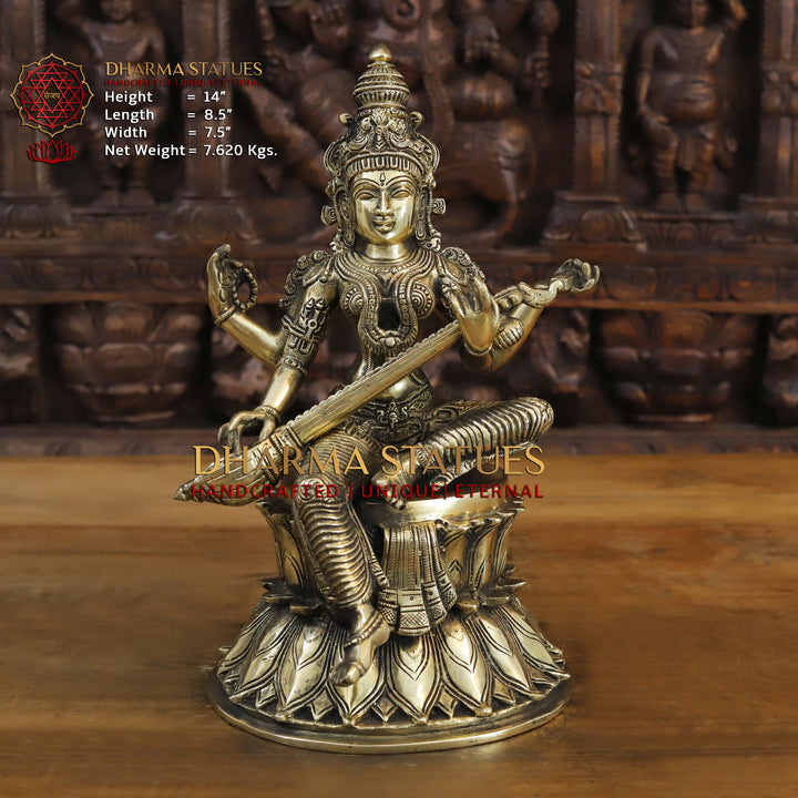 Brass Saraswati Statue, Seated on a Lotus, Fine Golden Finish 14"