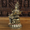 Brass Saraswati Statue, Seated on a Lotus, Fine Golden Finish 14"