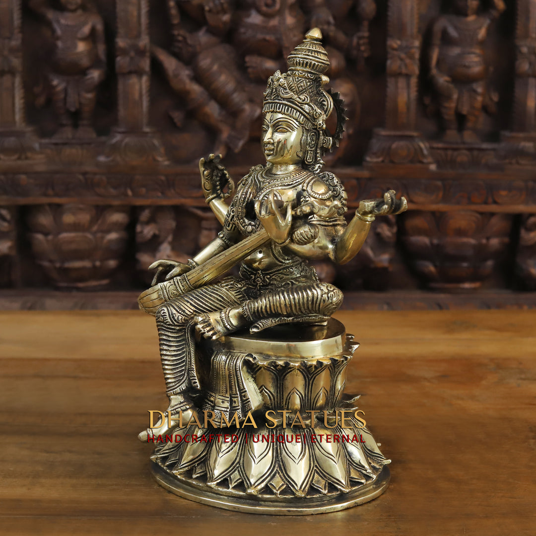 Brass Lakshmi, Ganesh, Saraswati Idol on Lotus Pedestal, Antique Golden Finish 15"