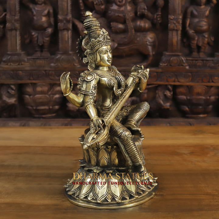 Brass Saraswati Statue, Seated on a Lotus, Fine Golden Finish 14"