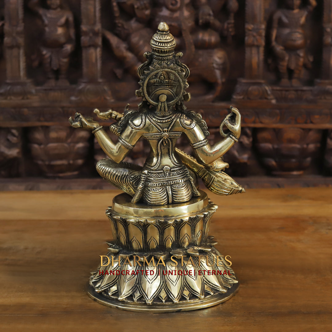 Brass Saraswati Statue, Seated on a Lotus, Fine Golden Finish 14"