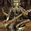 Brass Saraswati Statue, Seated on a Lotus, Fine Golden Finish 14"