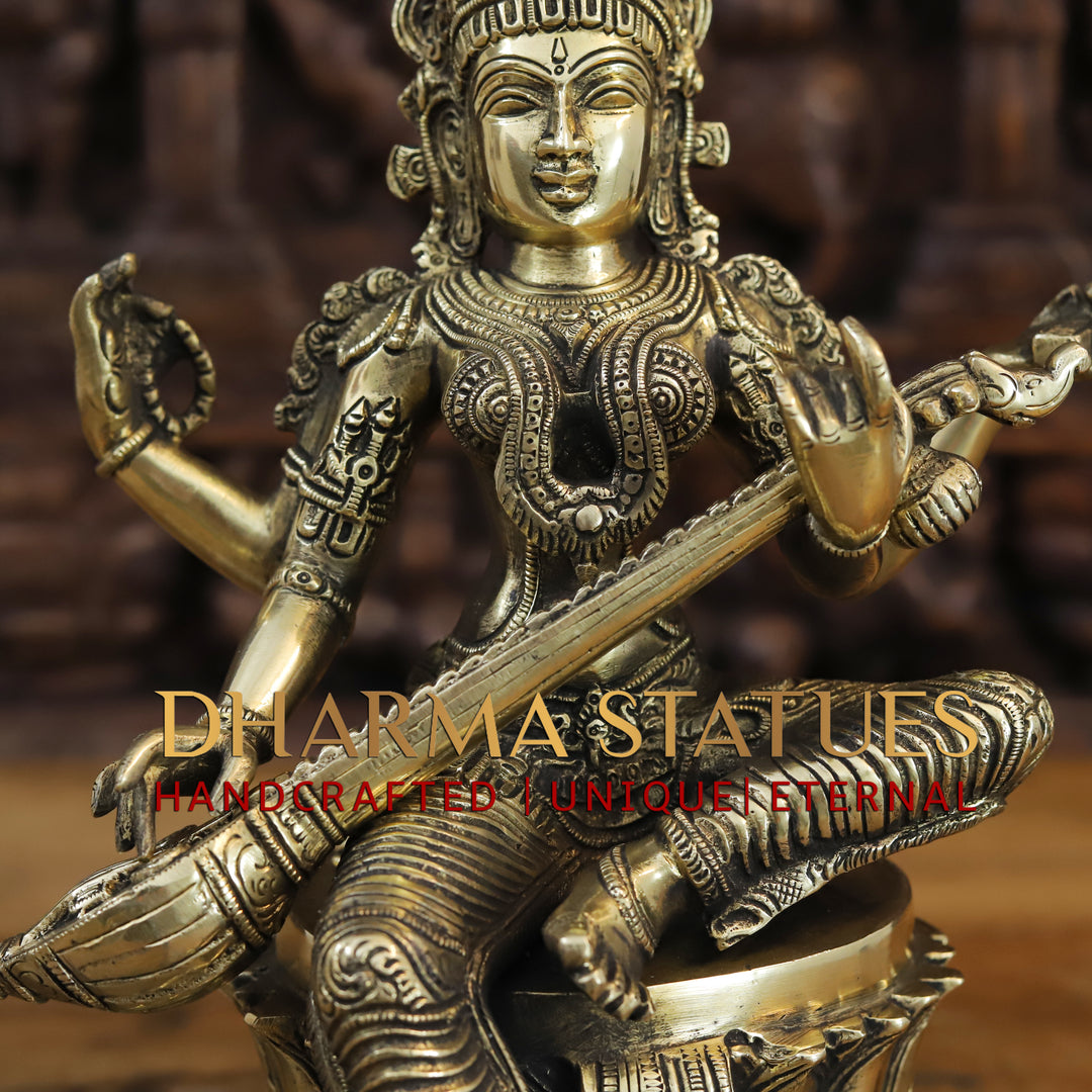 Brass Saraswati Statue, Seated on a Lotus, Fine Golden Finish 14"