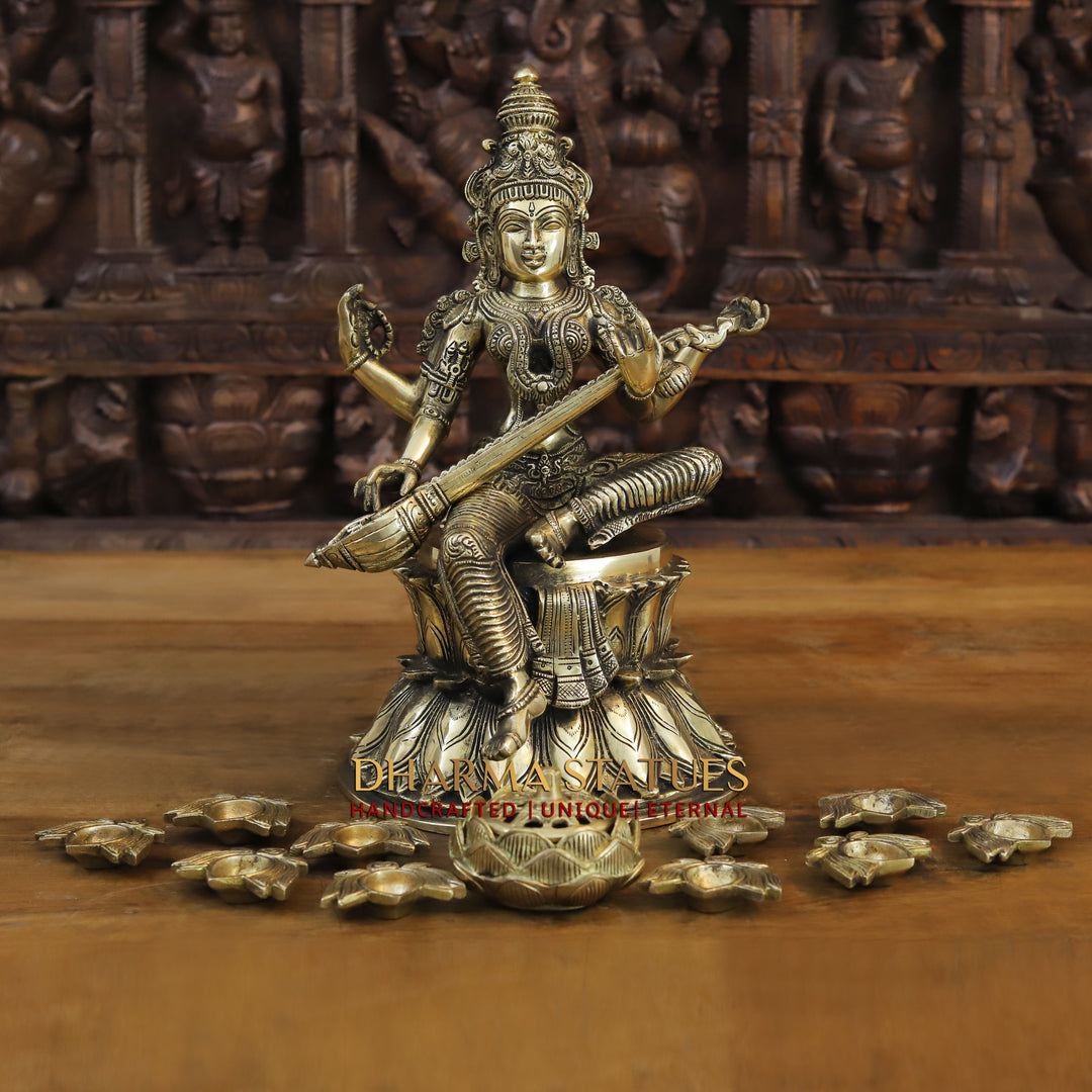 Brass Saraswati Statue, Seated on a Lotus, Fine Golden Finish 14"