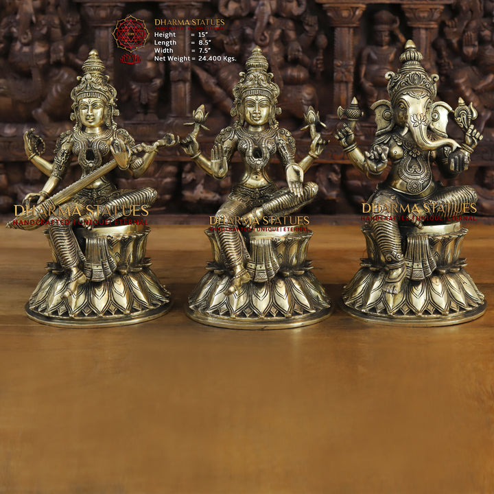 Brass Lakshmi, Ganesh, Saraswati Idol, Fine Golden Finish 15"