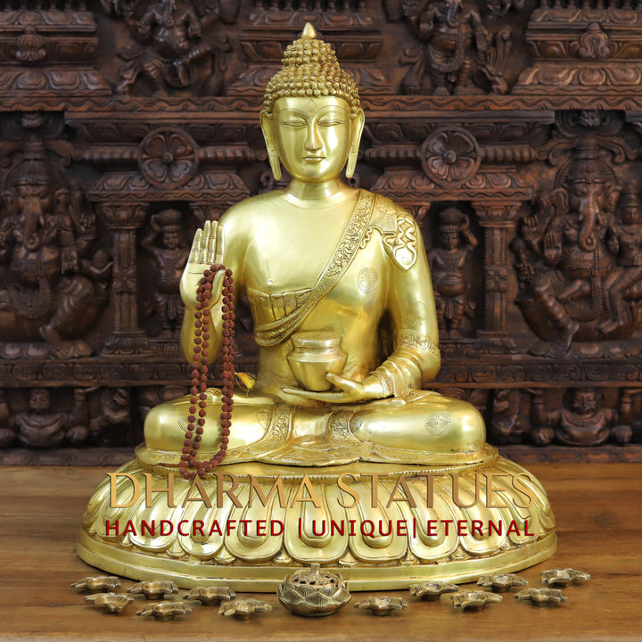 Brass Buddha Idol, Blessing Buddha, Fine Golden Finish 30"