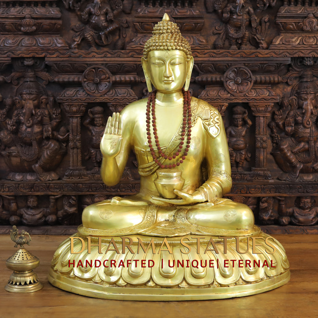 Brass Buddha Idol, Blessing Buddha, Fine Golden Finish 30"