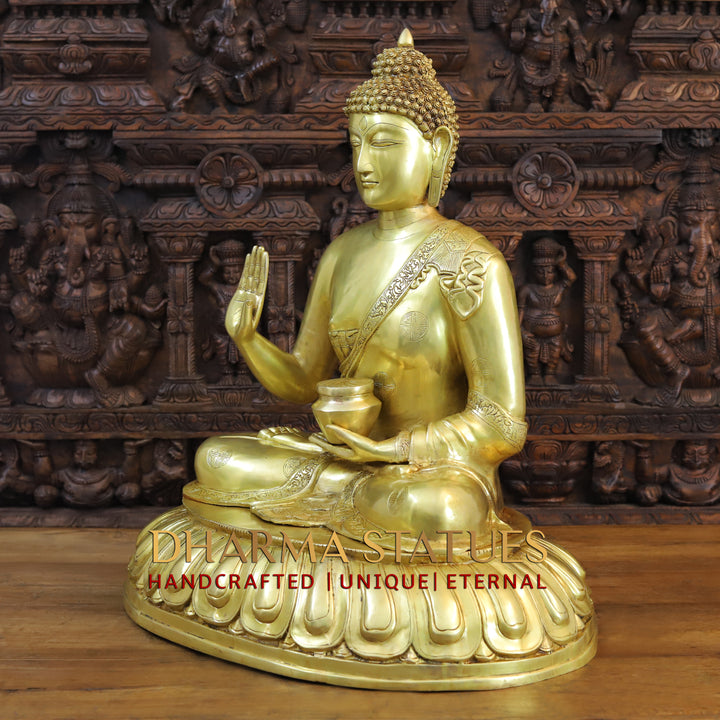 Brass Buddha Idol, Blessing Buddha, Fine Golden Finish 30"