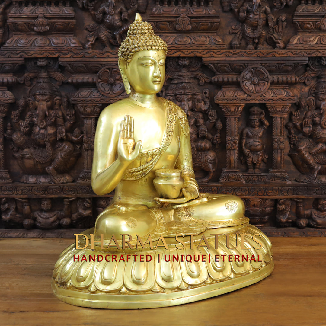 Brass Buddha Idol, Blessing Buddha, Fine Golden Finish 30"