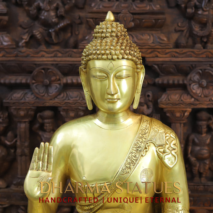 Brass Buddha Idol, Blessing Buddha, Fine Golden Finish 30"