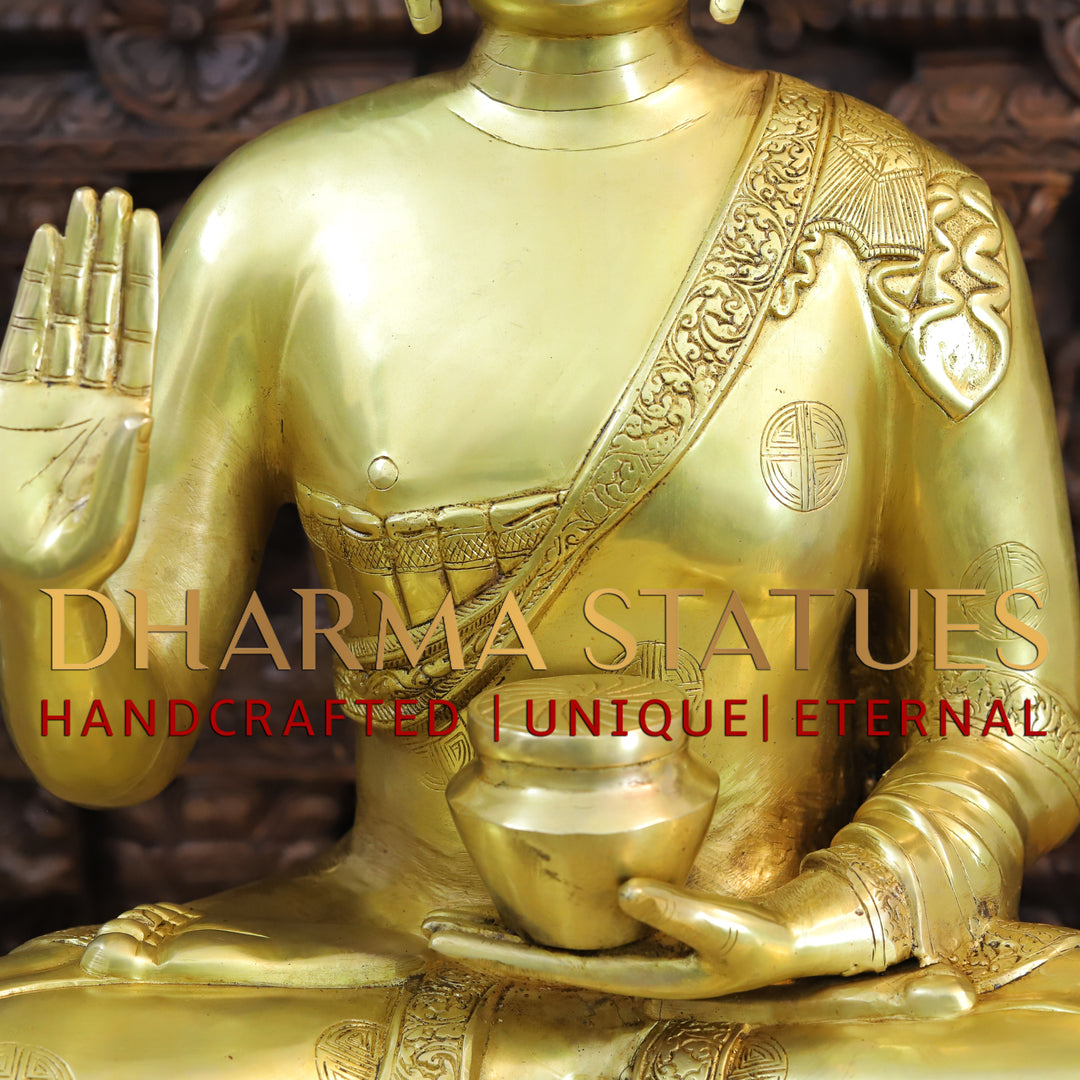 Brass Buddha Idol, Blessing Buddha, Fine Golden Finish 30"