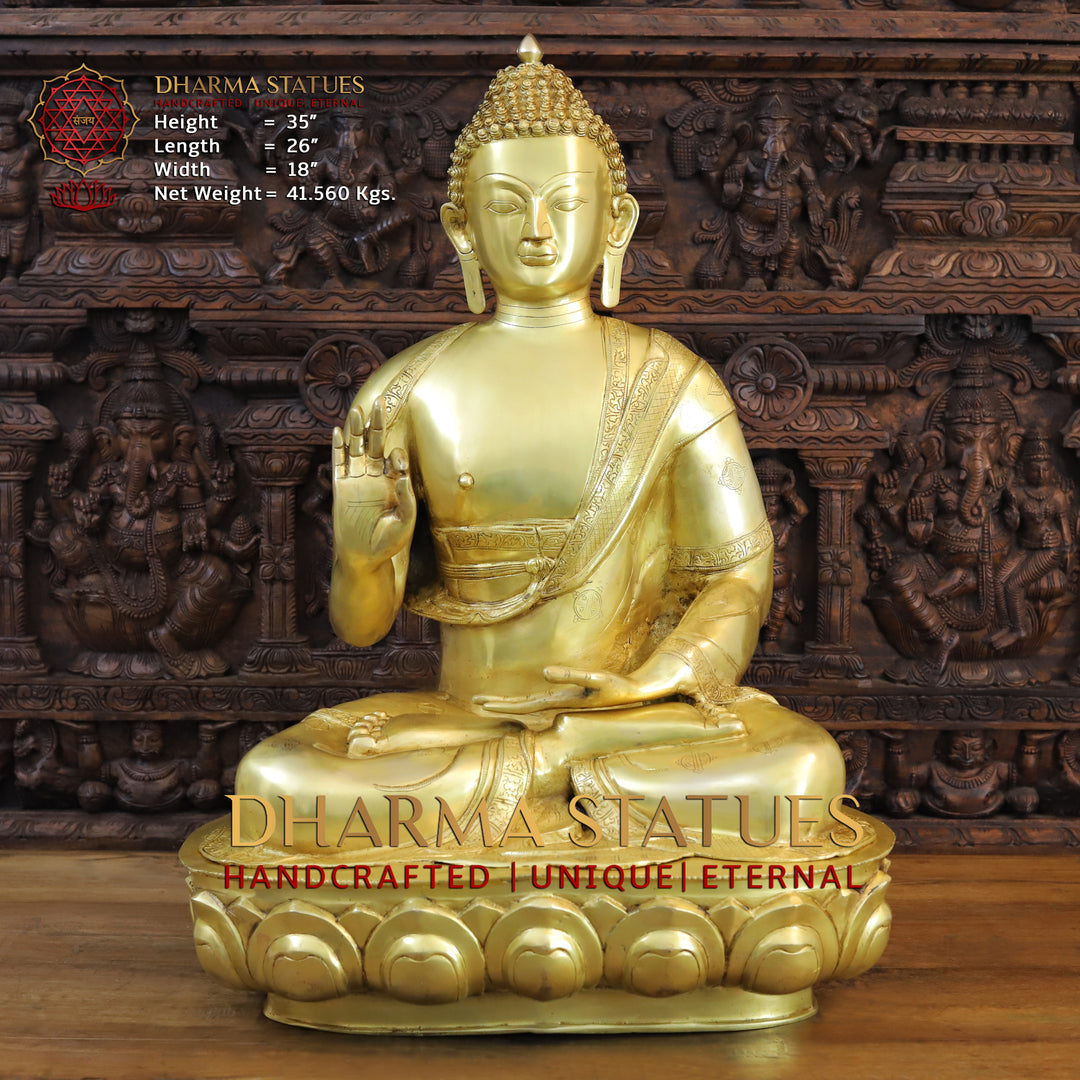 Brass Buddha Statue, Seated on a Lotus, Fine Golden Finish 35" Front View