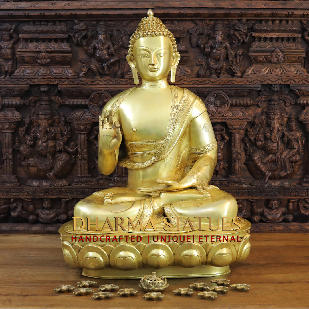 Brass Buddha Statue, Seated on a Lotus, Fine Golden Finish 35"