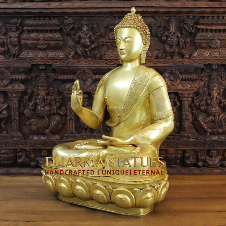 Brass Buddha Statue, Seated on a Lotus, Fine Golden Finish 35"