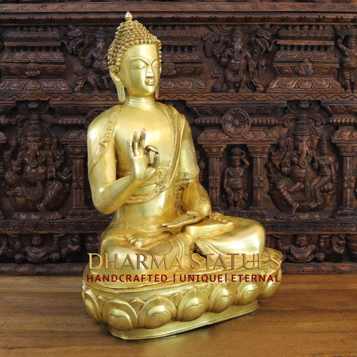 Brass Buddha Statue, Seated on a Lotus, Fine Golden Finish 35"