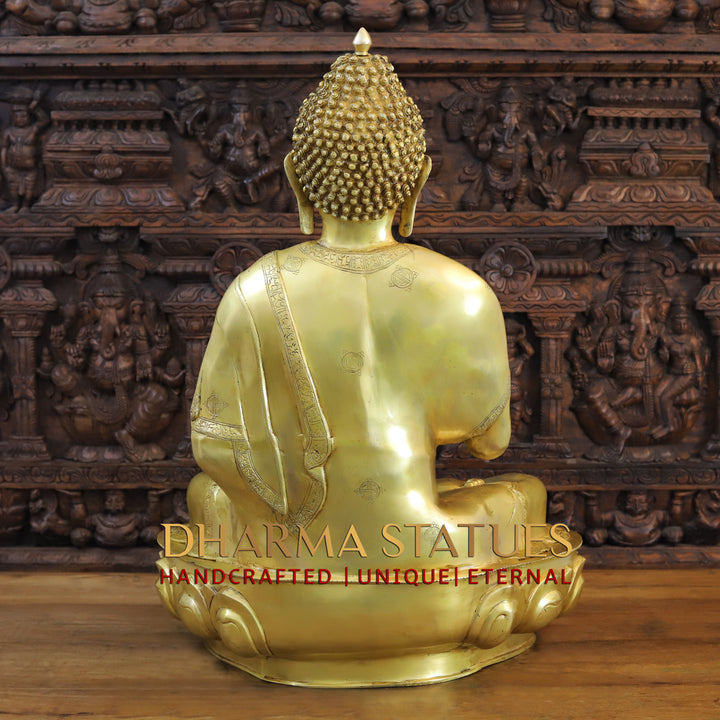 Brass Buddha Statue, Seated on a Lotus, Fine Golden Finish 35"