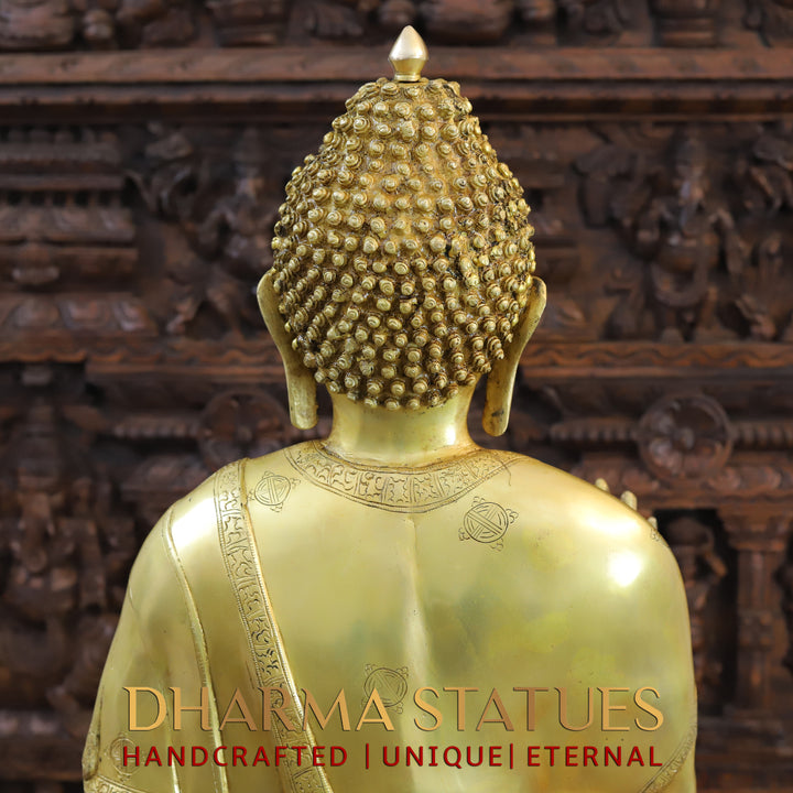 Brass Buddha Statue, Seated on a Lotus, Fine Golden Finish 35"