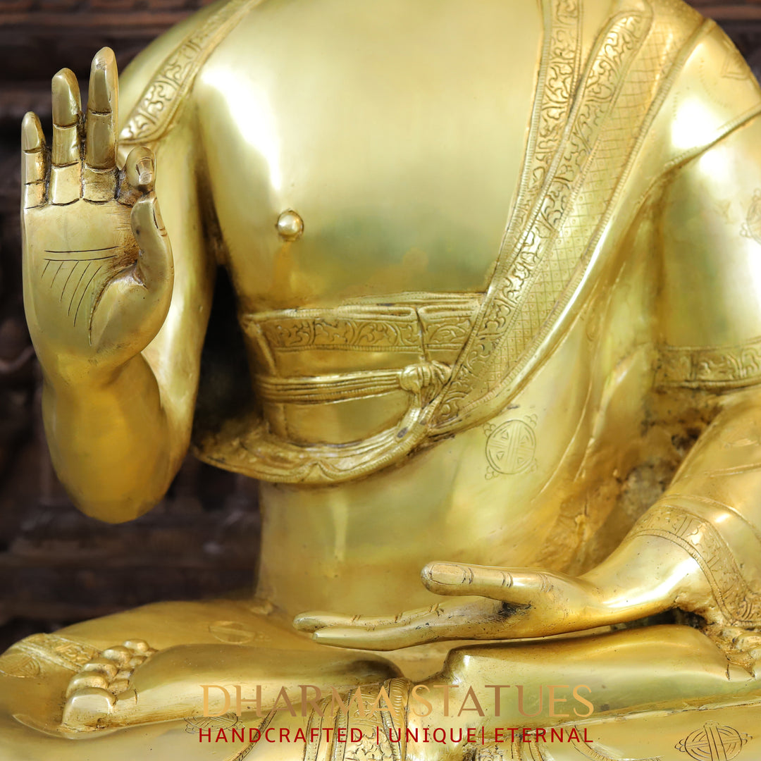 Brass Buddha Statue, Seated on a Lotus, Fine Golden Finish 35"