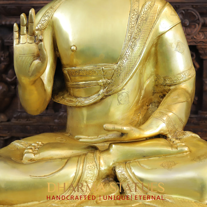 Brass Buddha Statue, Seated on a Lotus, Fine Golden Finish 35"