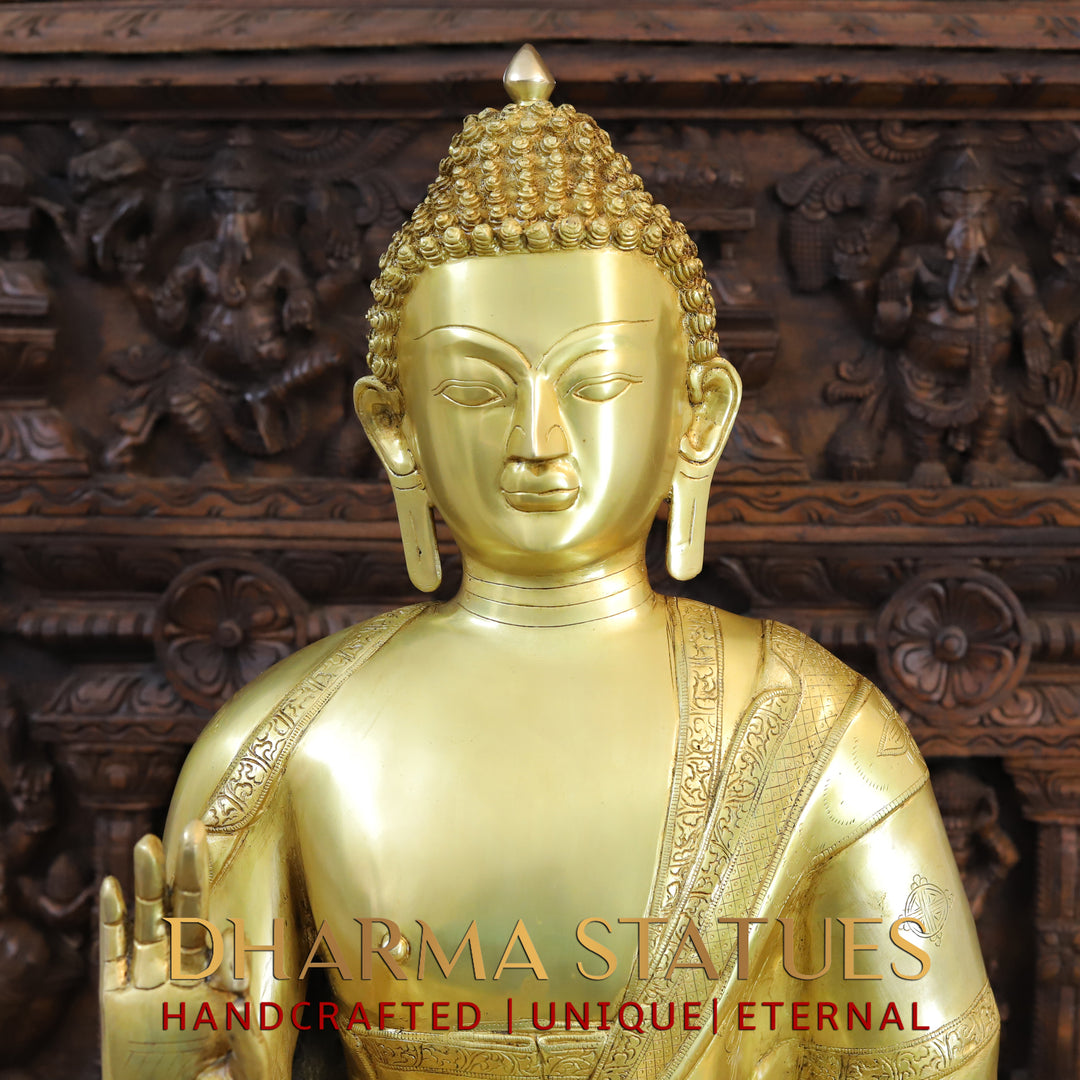 Brass Buddha Statue, Seated on a Lotus, Fine Golden Finish 35"