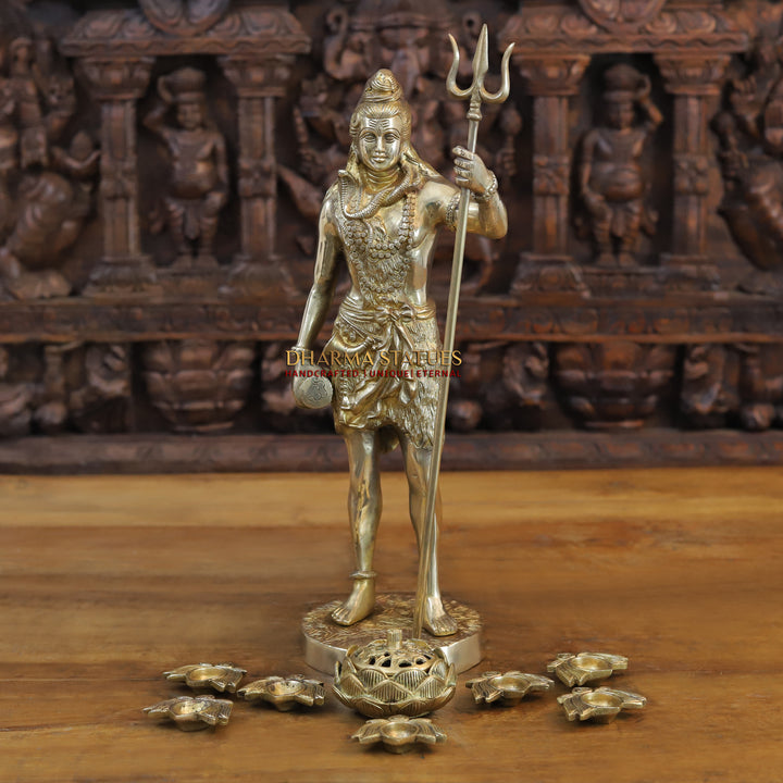 Brass Lord Shiva Statue, Holding a Trident, Fine Golden Finish 17.5"