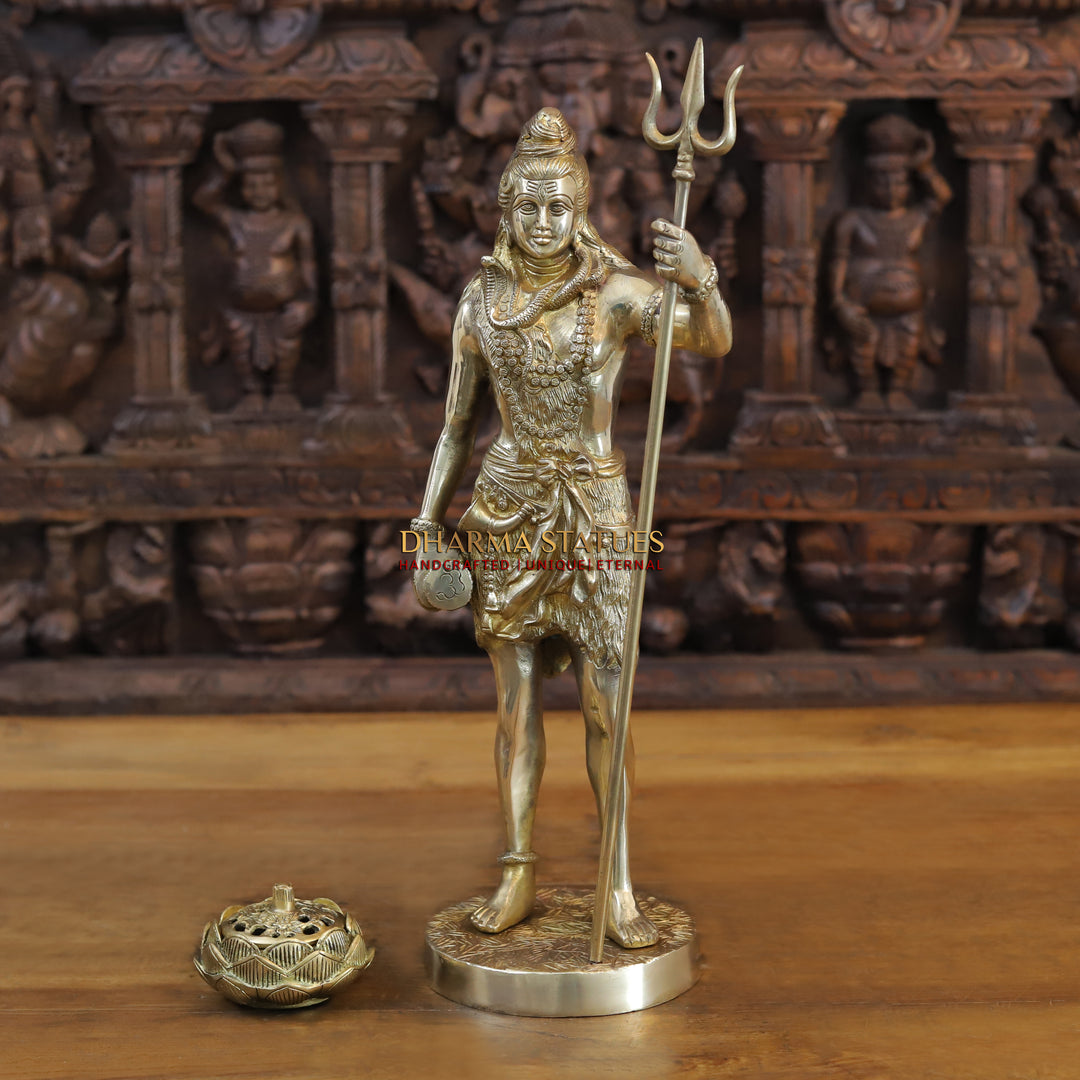 Brass Lord Shiva Statue, Holding a Trident, Fine Golden Finish 17.5"