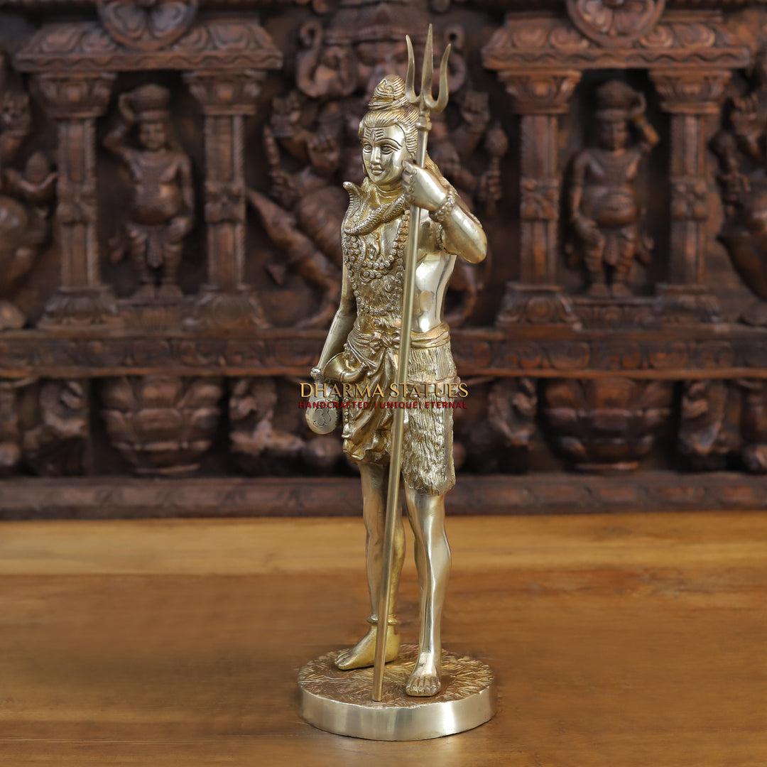 Brass Lord Shiva Statue, Standing Holding a Trident, Fine Golden Finish 17.5" side view