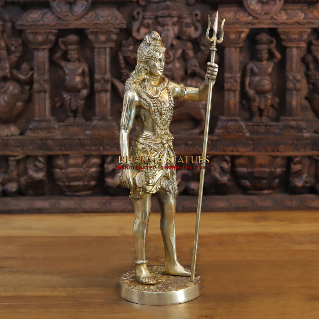 Brass Lord Shiva Statue, Standing Holding a Trident, Fine Golden Finish 17.5" side view