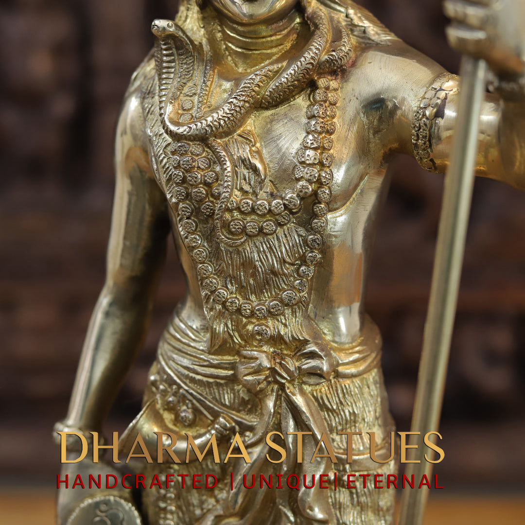 Brass Lord Shiva Statue, Holding a Trident, Fine Golden Finish 17.5"