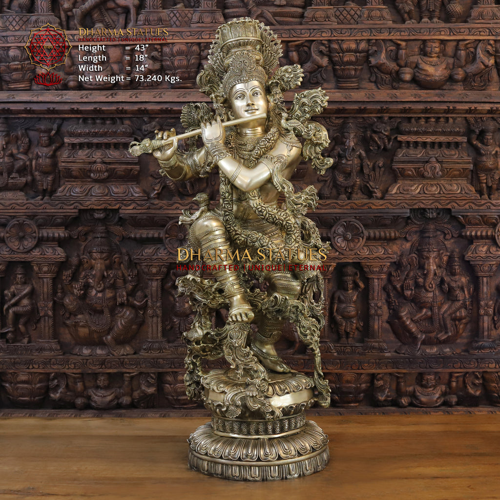 Brass Lord Krishna Statue, Playing Flute, Fine Golden Work 43" Front View