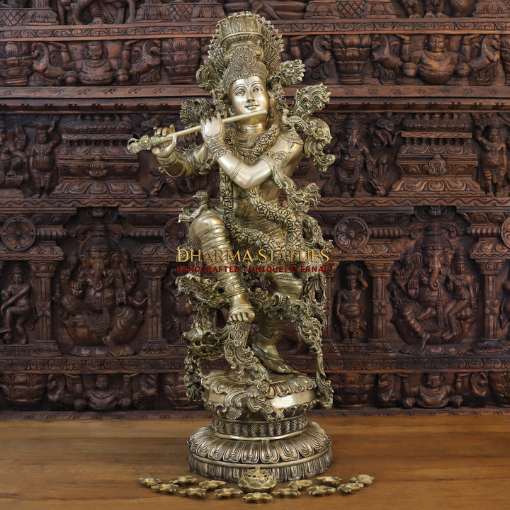 Brass Lord Krishna Statue, A Floral Symphony of Divinity and Craftsmanship, Fine Golden Finish, 43"