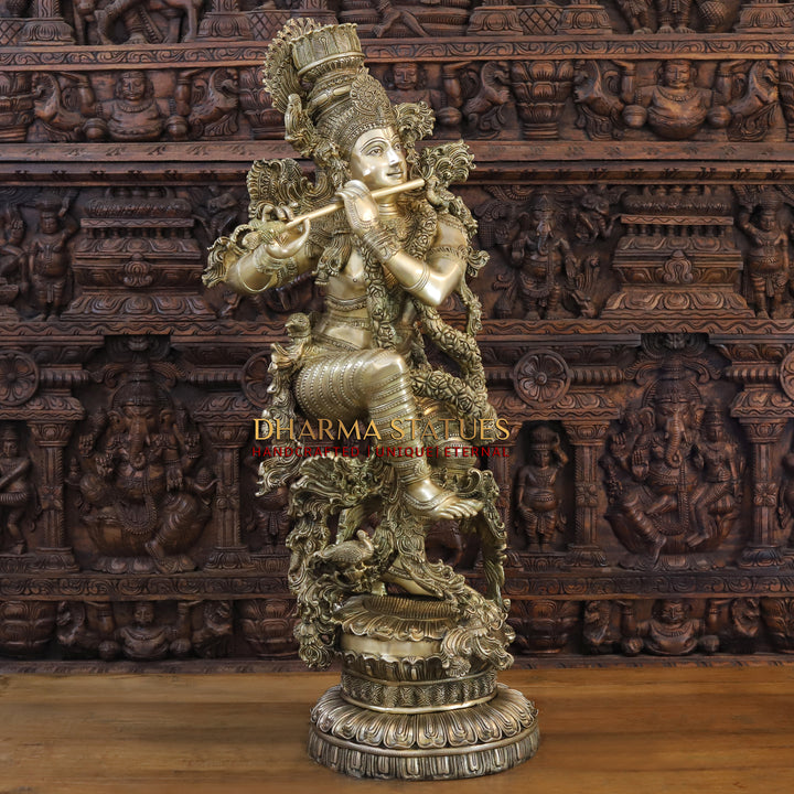 Brass Lord Krishna Statue, Playing Flute, Fine Golden Work 43" side view