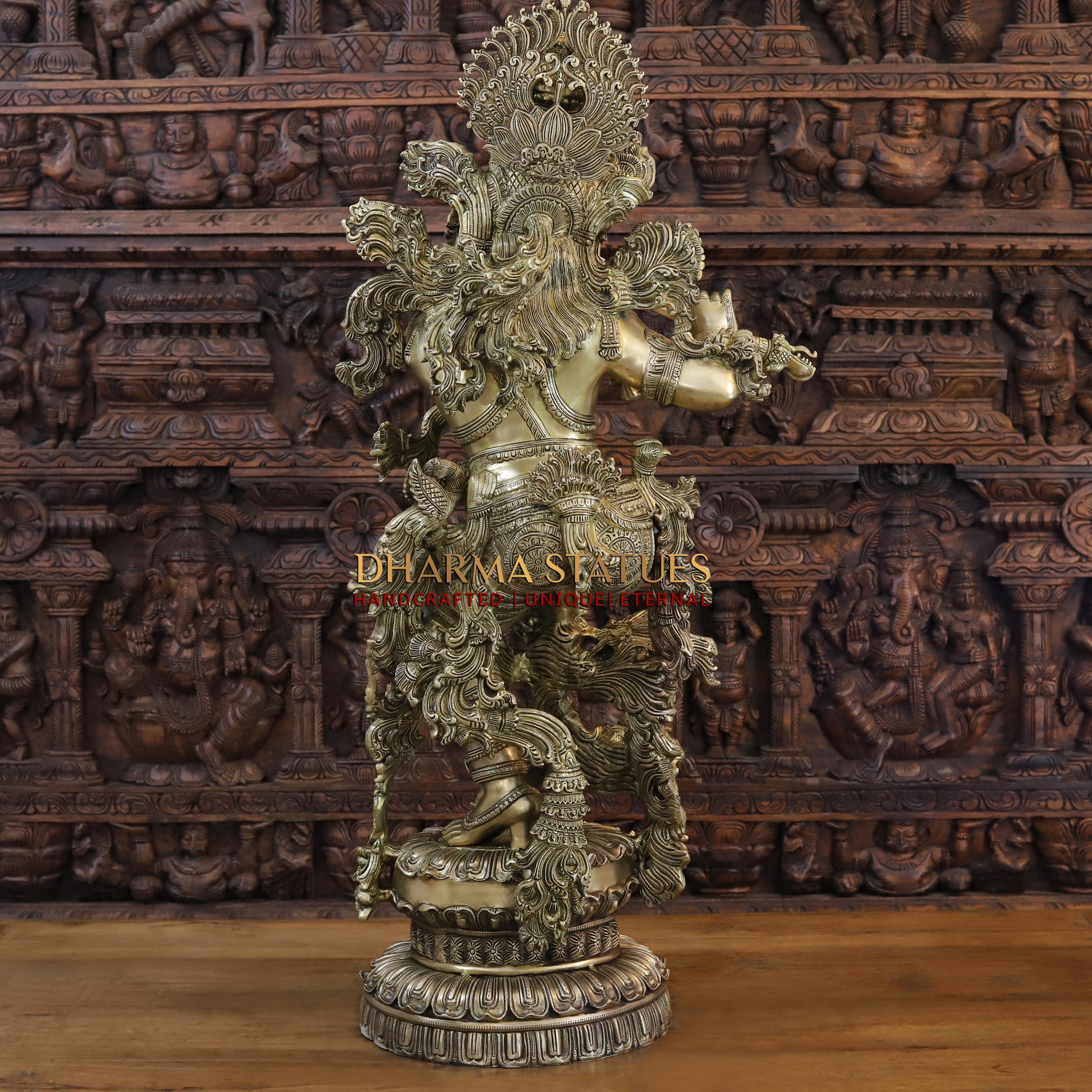 Brass Lord Krishna Statue, Playing Flute, Fine Golden Work 43" back view