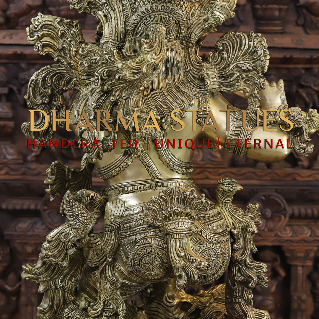 Brass Lord Krishna Statue, A Floral Symphony of Divinity and Craftsmanship, Fine Golden Finish, 43"