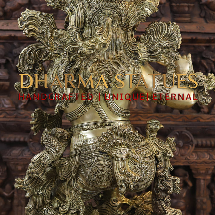 Brass Lord Krishna Statue, A Floral Symphony of Divinity and Craftsmanship, Fine Golden Finish, 43"