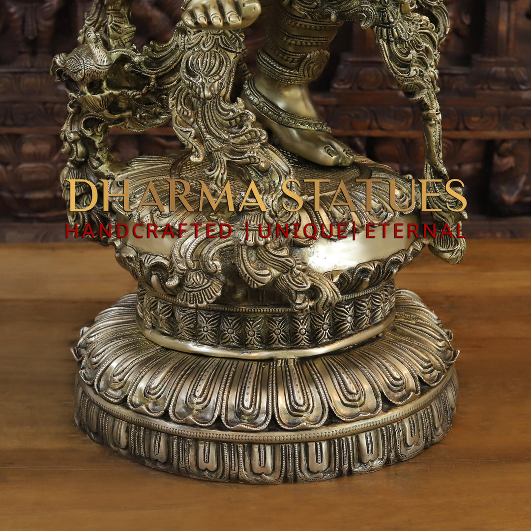 Brass Lord Krishna Statue, A Floral Symphony of Divinity and Craftsmanship, Fine Golden Finish, 43"