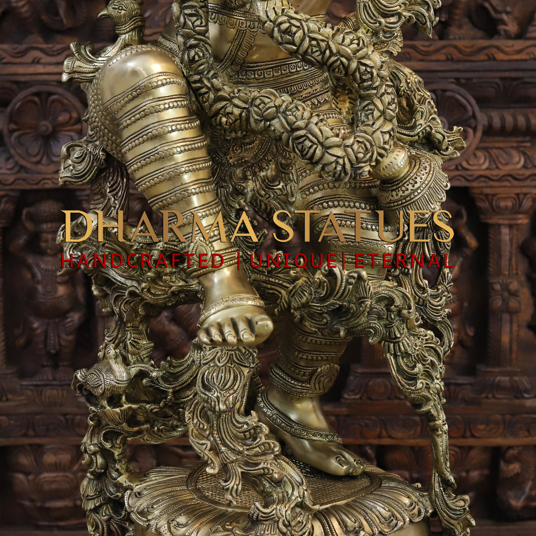 Brass Lord Krishna Statue, A Floral Symphony of Divinity and Craftsmanship, Fine Golden Finish, 43"