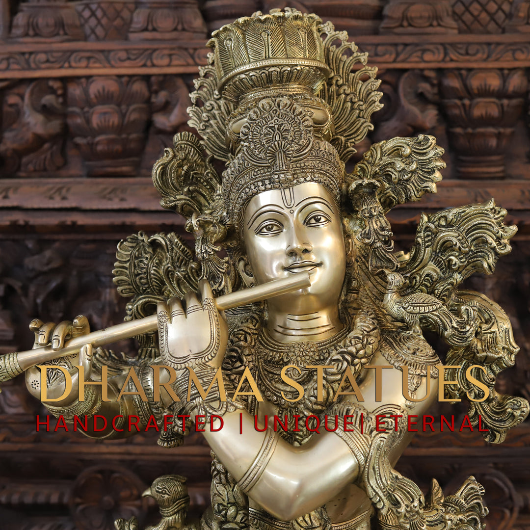 Brass Lord Krishna Statue, A Floral Symphony of Divinity and Craftsmanship, Fine Golden Finish, 43"