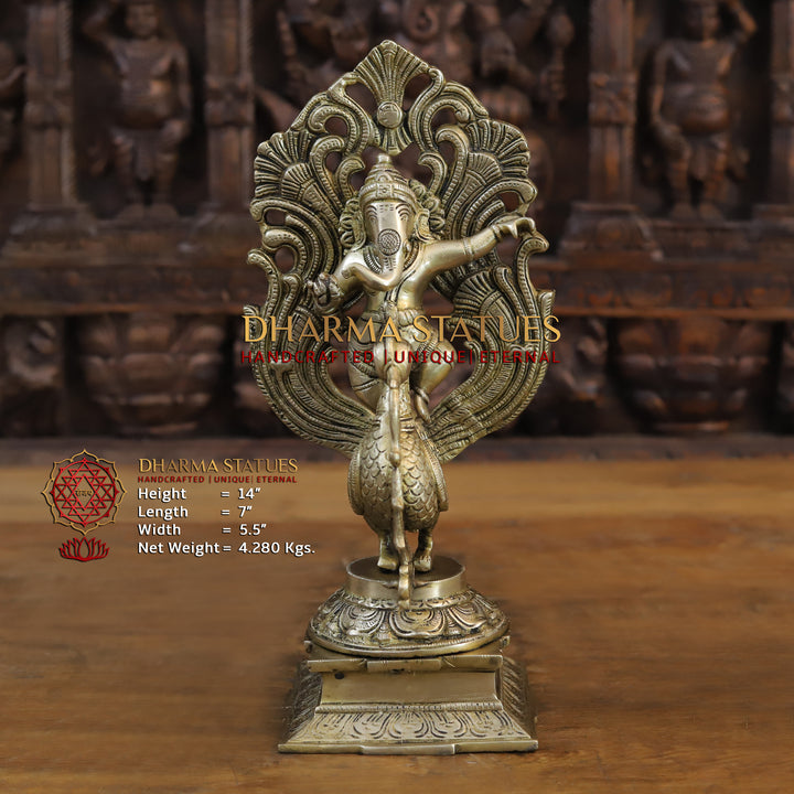 Brass Ganesh Dancing on Peacock, Fine Golden Finish 14"